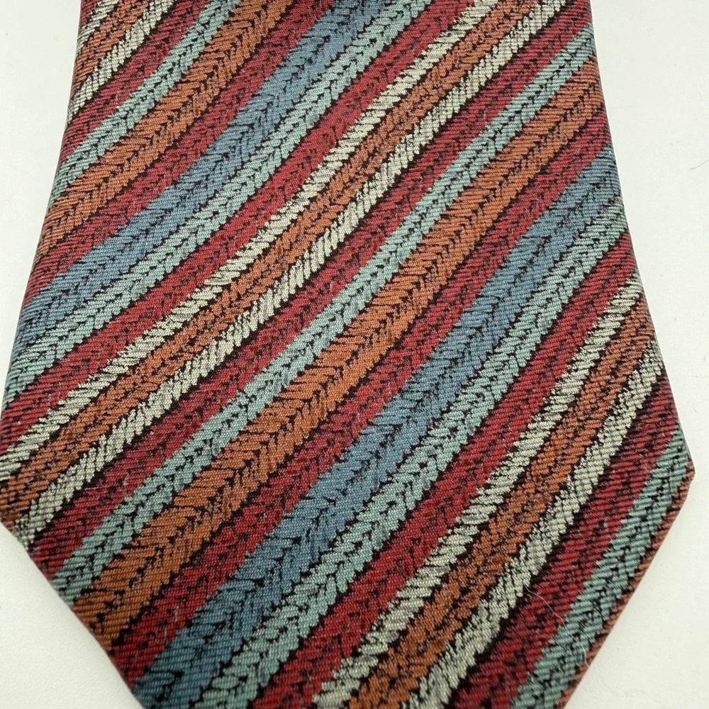 Vtg Oscar de la Renta Mens Necktie Burgundy Blue Rust Striped‎ Textured Tie EUC